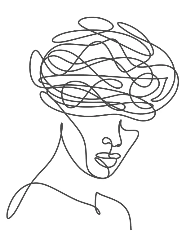 Linienzeichnung von einem Kopf mit vielen Linien im Gehirn